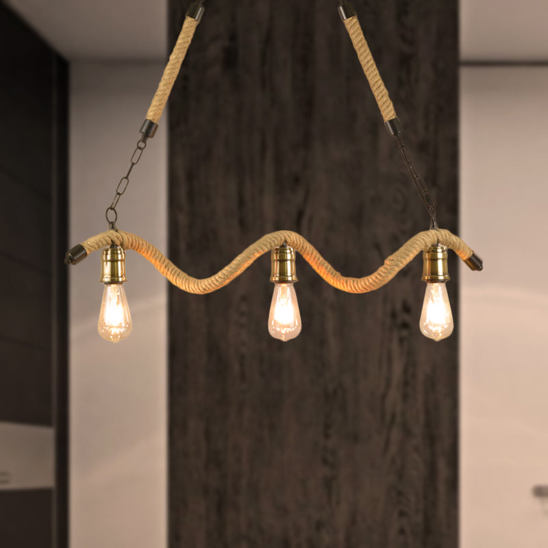 Stylish Loft Hanging Island Light With Exposed Bulbs Rope Design & 3 Lights In Beige For Dining Room