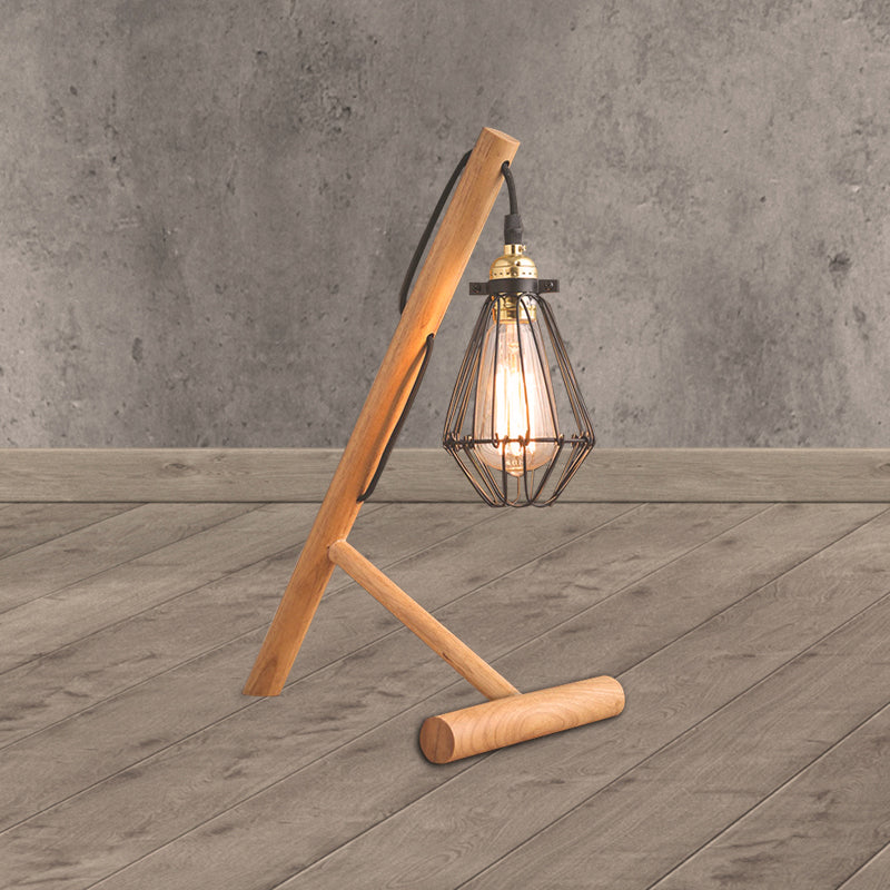 Metallic Caged Table Lamp - Industrial Style 1 Light Beige With Wooden Base For Living Room