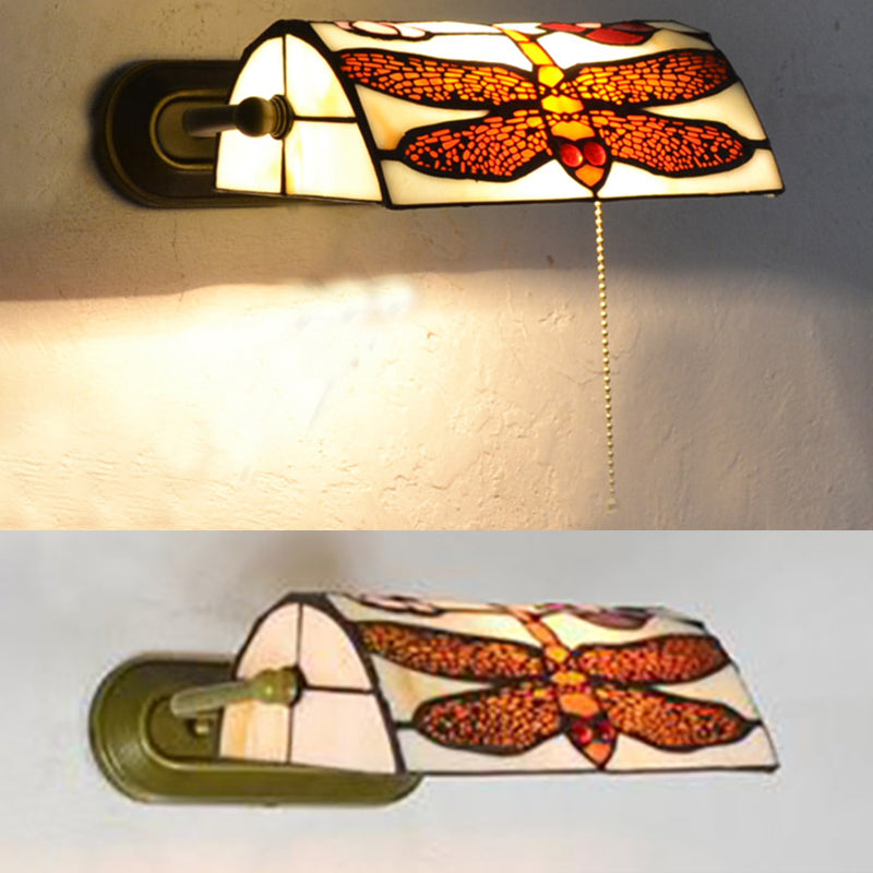 Vintage Beige Banker Wall Sconce With/Without Pull Chain And Dragonfly Stained Glass - 1 Head