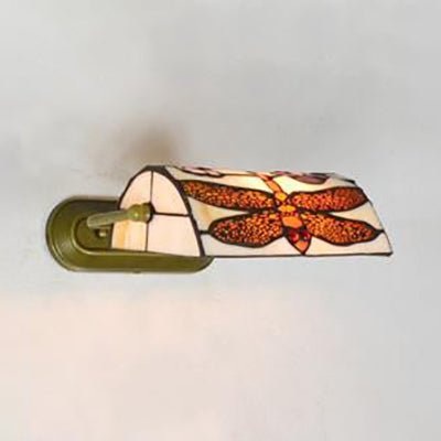 Vintage Beige Banker Wall Sconce With/Without Pull Chain And Dragonfly Stained Glass - 1 Head