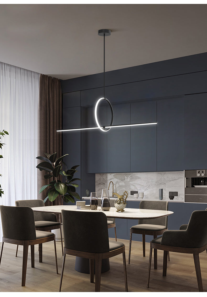 Modern Black Metal Stick And Ring Led Pendant Lamp For Dining Room Island