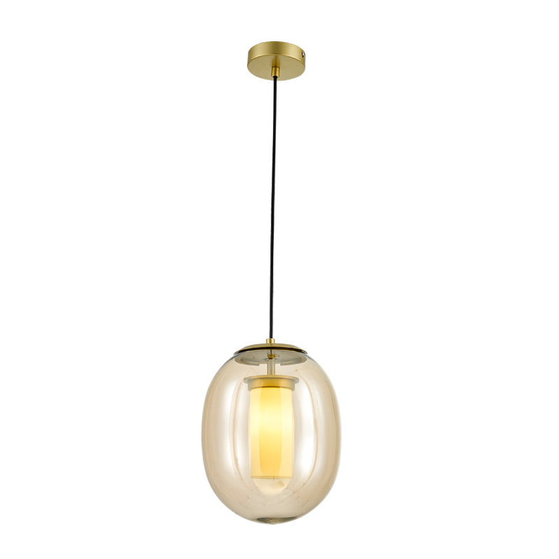 Contemporary Gold Pendant Light Kit - Clear Glass Oval Hanging Lamp, 7"/8.5" Wide, for Dining Room