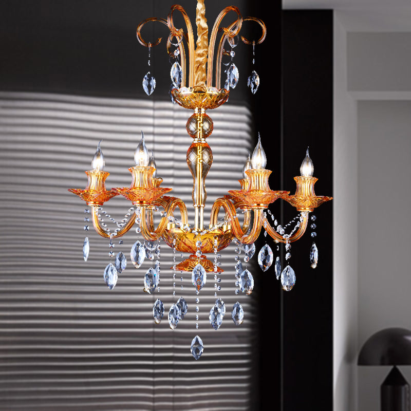 Gold Candle Chandelier With Prism Glass: Traditional Lighting Fixture For Dining Room
