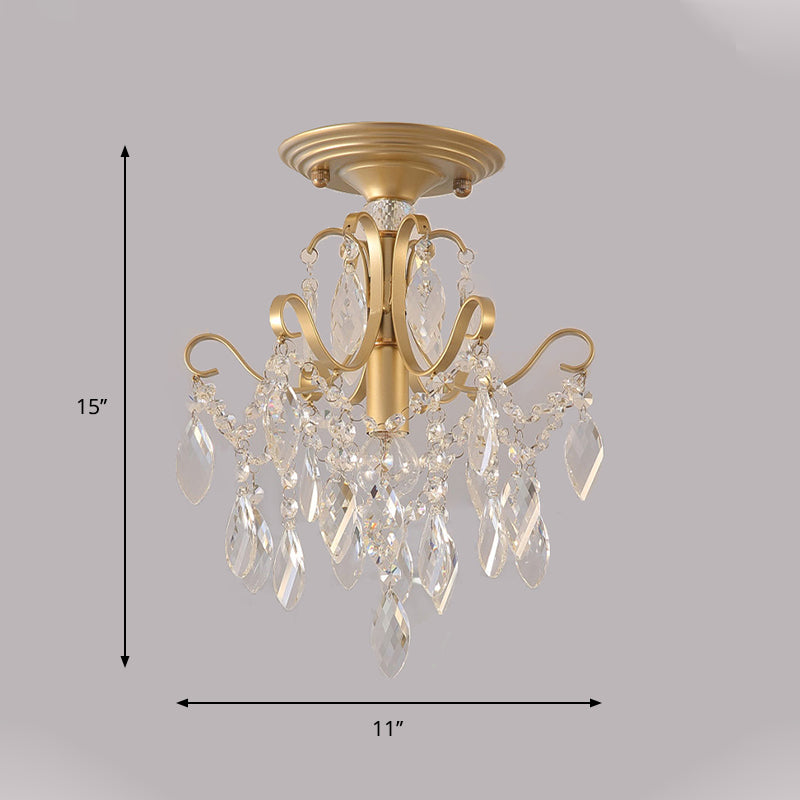 Golden Semi Flush Mount Light With Crystal Droplet - Traditional Bent Arm Design