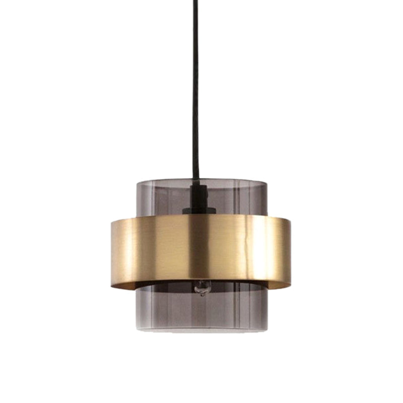 Modern Smoke Glass Pendant Light with Metal Ring - Cylindrical Minimalist Design