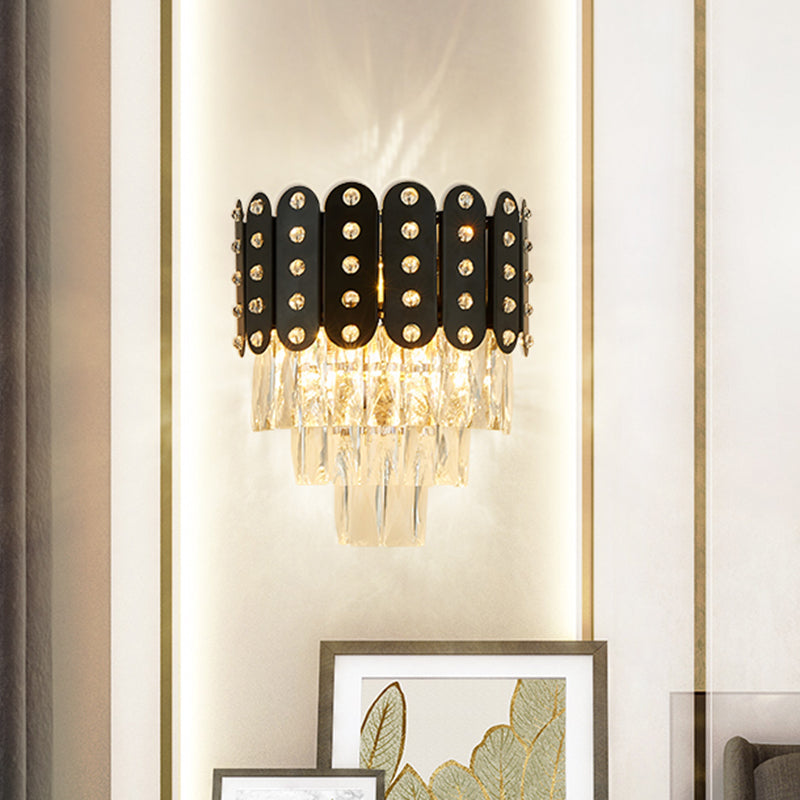 Clear Faceted Crystal Wall Lighting: 3-Light 3-Tier Mounted. Contemporary Design In Black. Black