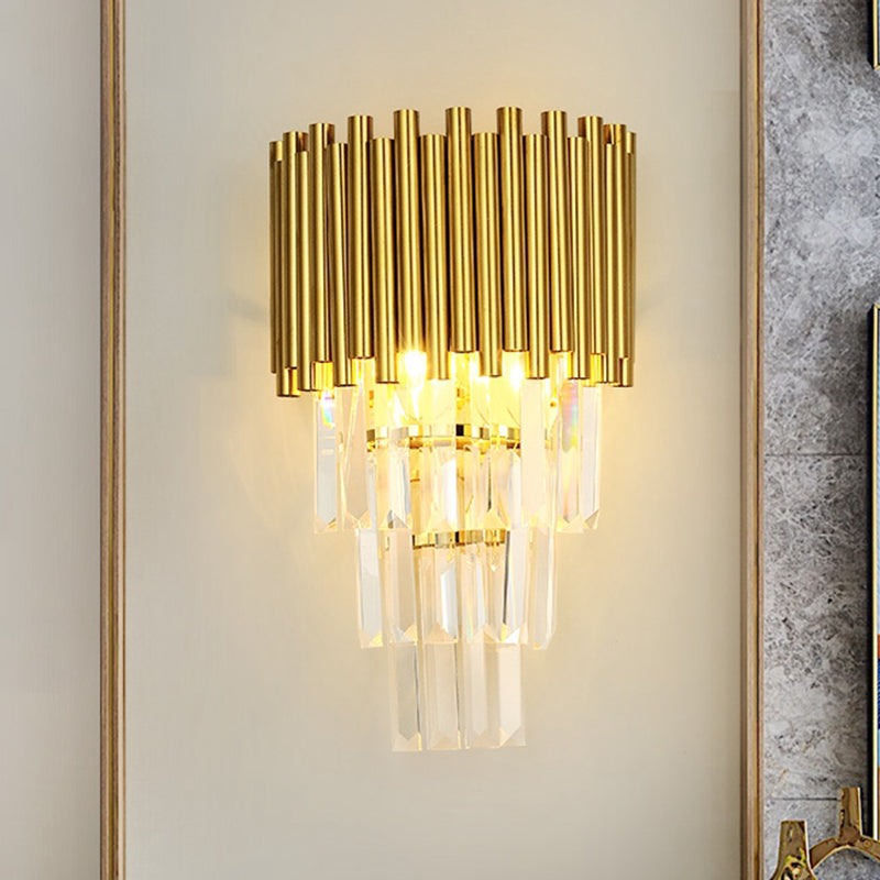 Modern Wall Mounted Gold Lamp: Tapered Design Triangular Crystal Prism 2 Lights For Living Room