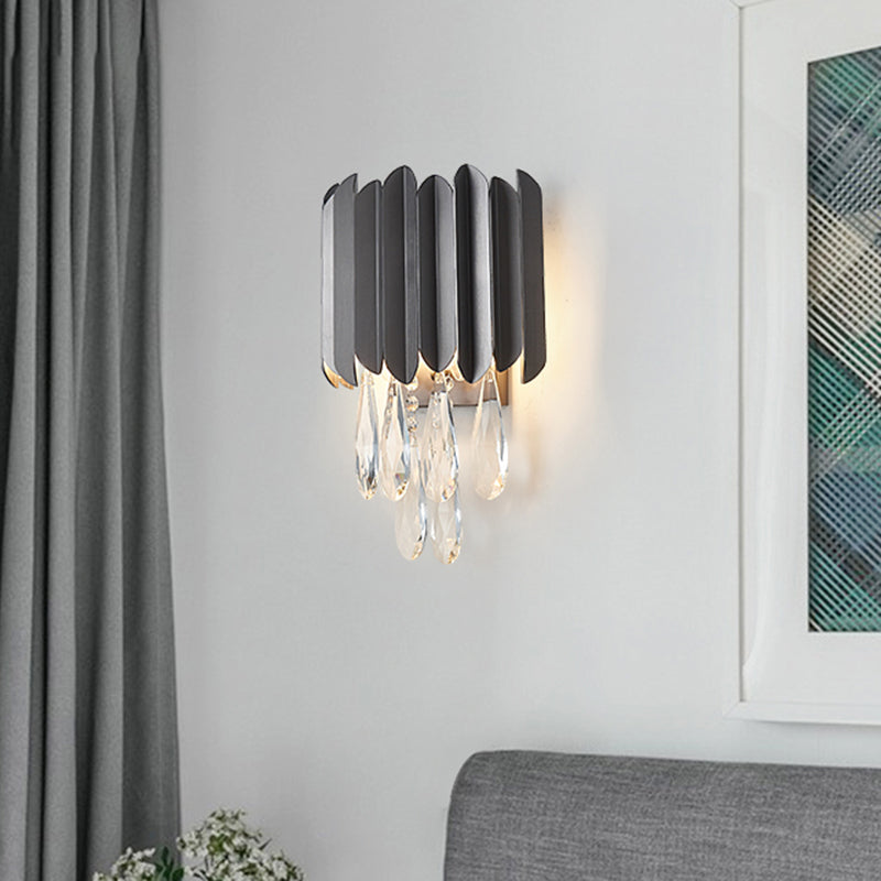 Modern Gold/Smoke Grey Round Wall Mount Lighting With Clear Crystal Teardrop - 2 Bulb Lamp Smoke