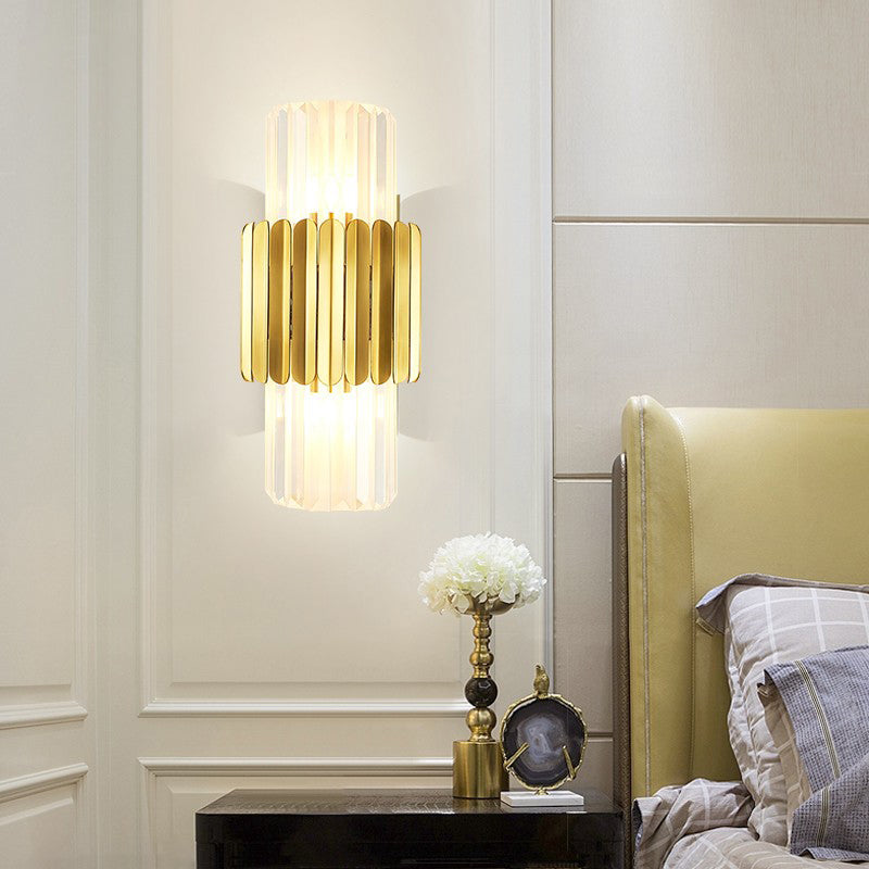 Modern Crystal Cylinder Wall Mount Lamp With 2 Gold Heads - Bedroom Lighting Fixture