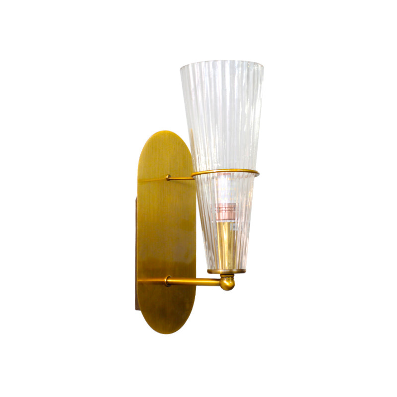 Indoor Mid Century Modern Brass Cone Wall Sconce With Clear Ribbed Glass Single Light