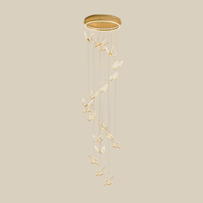 Butterfly Spiral Stairs Ceiling Lighting Acrylic Modern LED Multi-Light Pendant in Gold