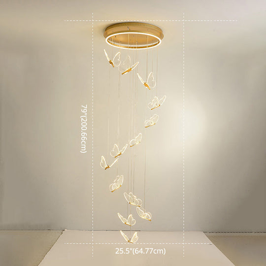 Butterfly Spiral Stairs Ceiling Lighting Acrylic Modern LED Multi-Light Pendant in Gold
