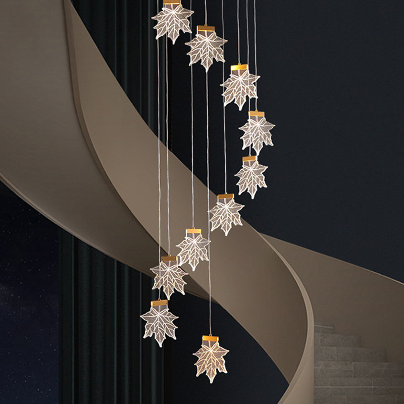 Acrylic Gold Led Pendant Lamp With Maple Leaf Cluster Design For Staircases 10 /