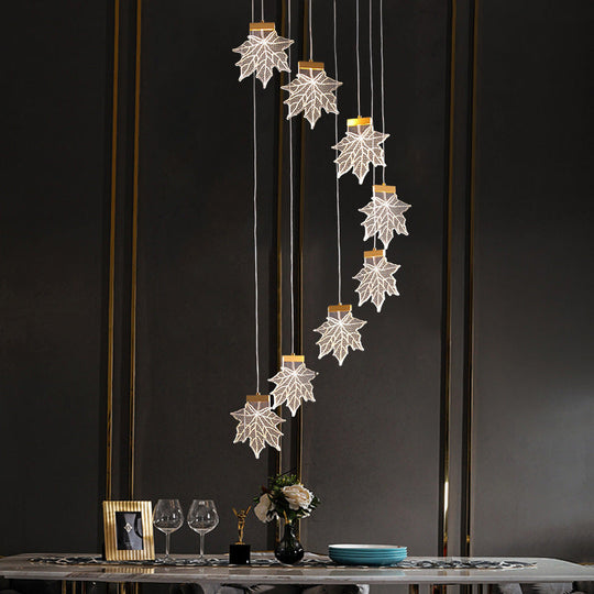 Acrylic Gold Led Pendant Lamp With Maple Leaf Cluster Design For Staircases