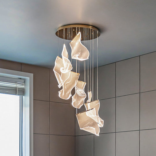 Minimalist Led Brass Finish Ceiling Light With Paper Sheet Design - Multi-Light Pendant Acrylic