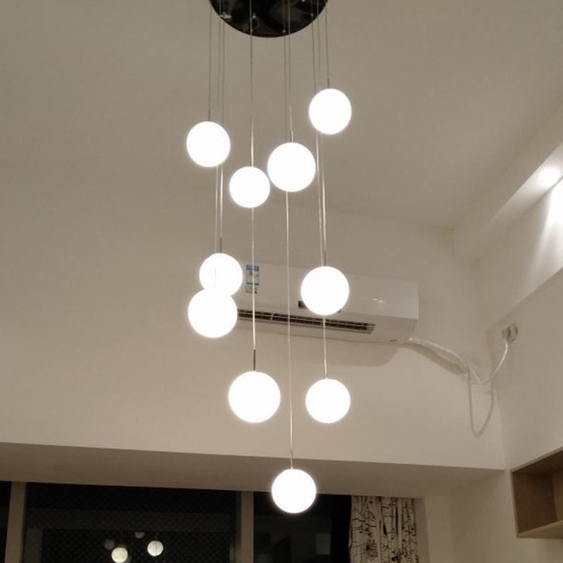 Simplicity Silver Multi Pendant Chandelier - Cream Glass Spherical Ceiling Hang Lamp for Lobby & Stairs