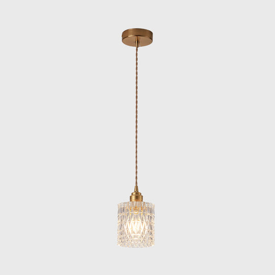 Modern Brass Bedside Pendant Lamp With Clear Glass Shade - Single-Bulb Pendulum Light / Trellis