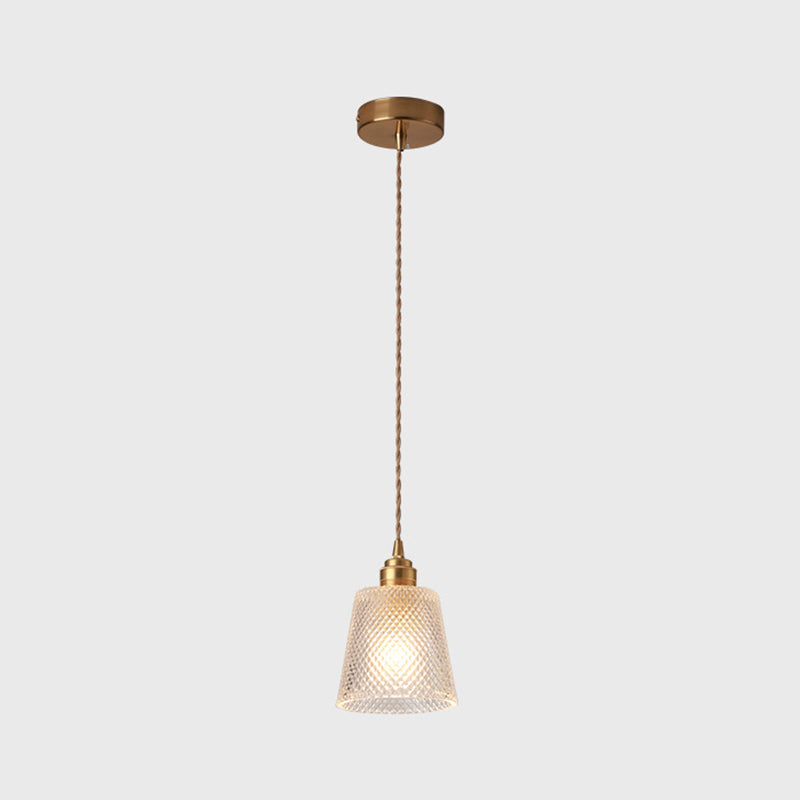 Modern Brass Bedside Pendant Lamp With Clear Glass Shade - Single-Bulb Pendulum Light / Cone