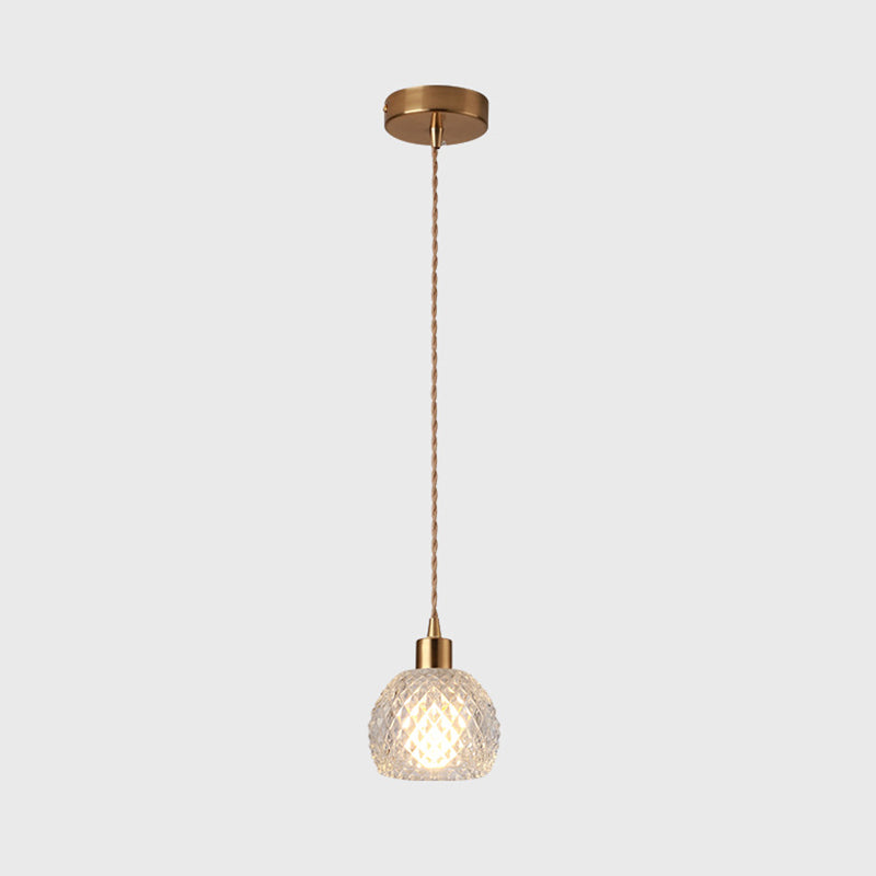 Modern Brass Bedside Pendant Lamp With Clear Glass Shade - Single-Bulb Pendulum Light / Dome