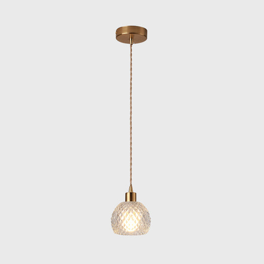 Modern Brass Bedside Pendant Lamp With Clear Glass Shade - Single-Bulb Pendulum Light / Dome
