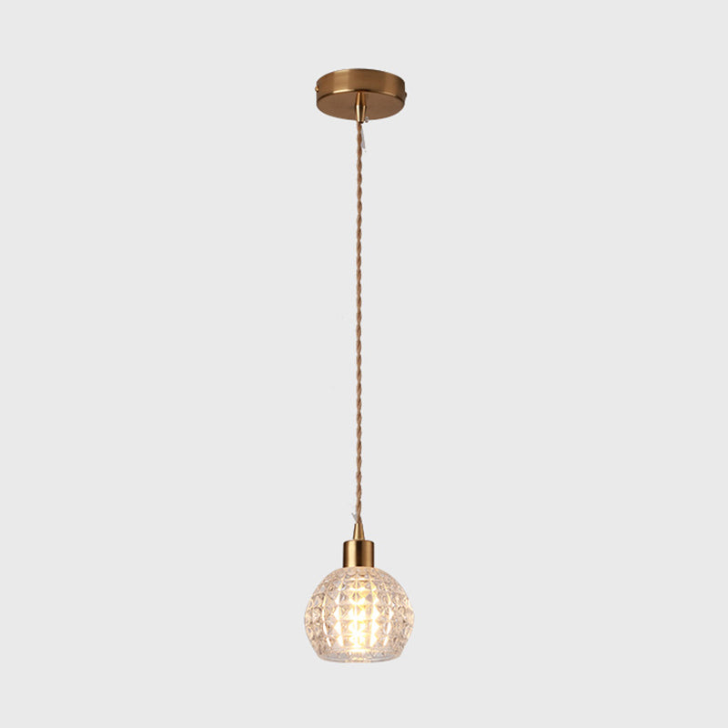 Modern Brass Bedside Pendant Lamp With Clear Glass Shade - Single-Bulb Pendulum Light / Globe