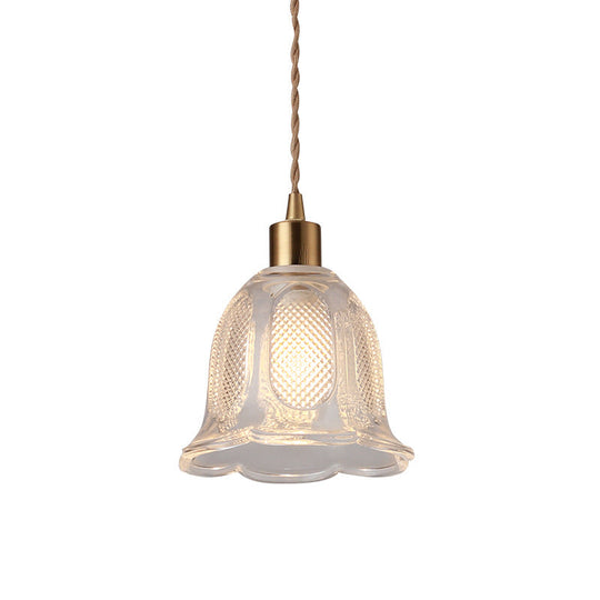 Modern Brass Bedside Pendant Lamp With Clear Glass Shade - Single-Bulb Pendulum Light
