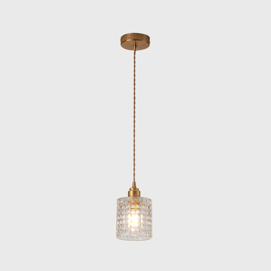 Modern Brass Bedside Pendant Lamp With Clear Glass Shade - Single-Bulb Pendulum Light / Cylinder