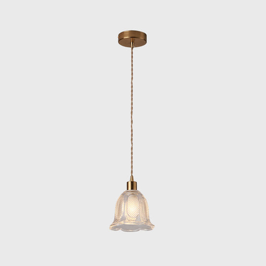 Modern Brass Bedside Pendant Lamp With Clear Glass Shade - Single-Bulb Pendulum Light / Flower