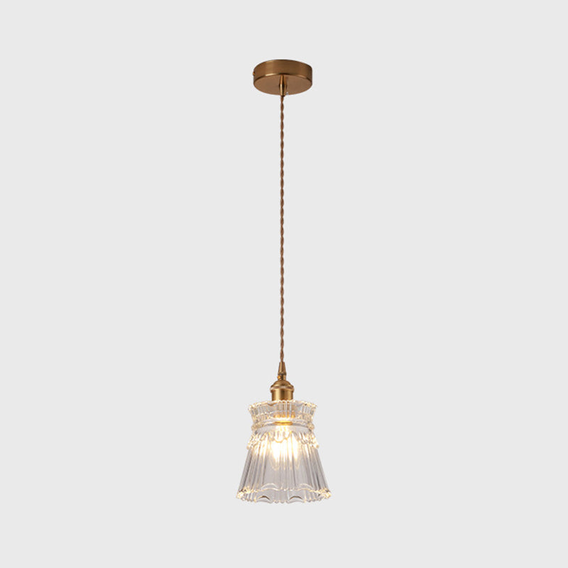 Modern Brass Bedside Pendant Lamp With Clear Glass Shade - Single-Bulb Pendulum Light / Flare