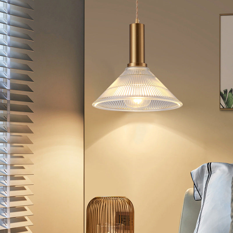 Sleek Single-Bulb Hanging Lamp with Ribbed Glass Shade: Elegant Pendant Light for Bedrooms
