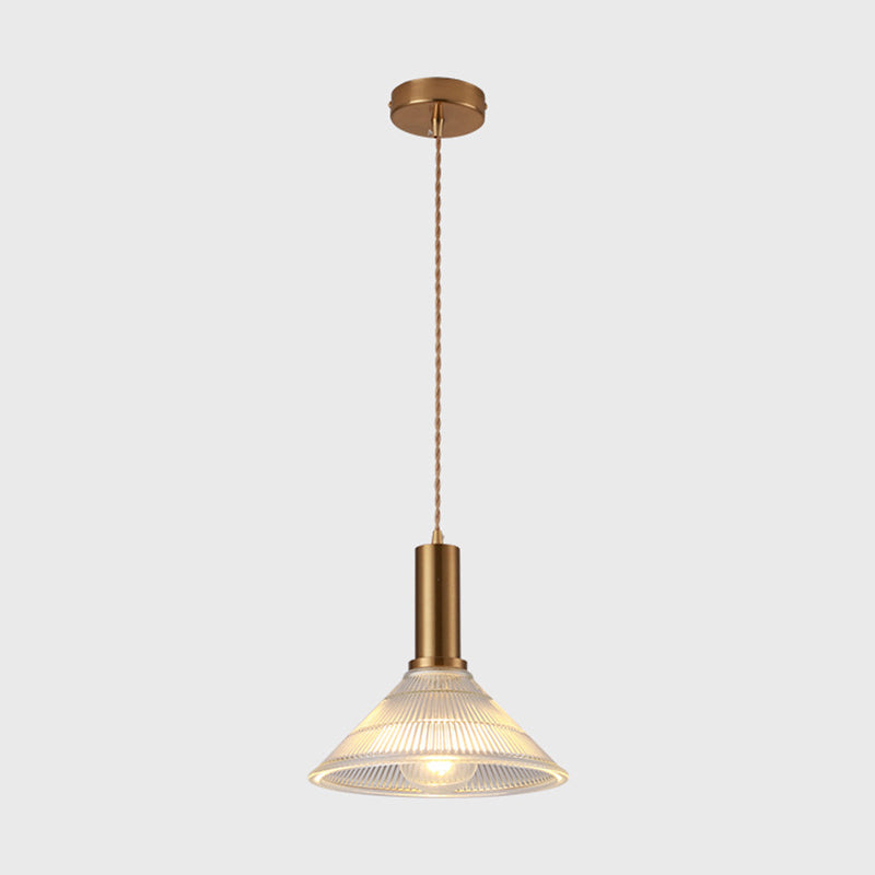 Simple Style Ribbed Glass Pendant Light Fixture For Bedroom Brass / Cone