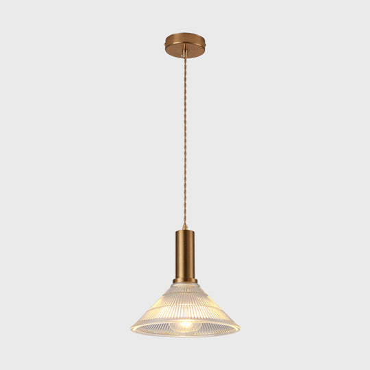 Simple Style Ribbed Glass Pendant Light Fixture For Bedroom Brass / Cone