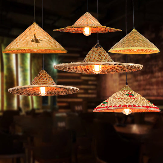 Farmers Hat Pendant: Asian Inspired Bamboo Woven Ceiling Lamp In Wood