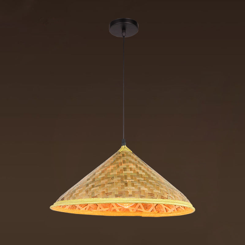 Farmers Hat Pendant: Asian Inspired Bamboo Woven Ceiling Lamp In Wood / B