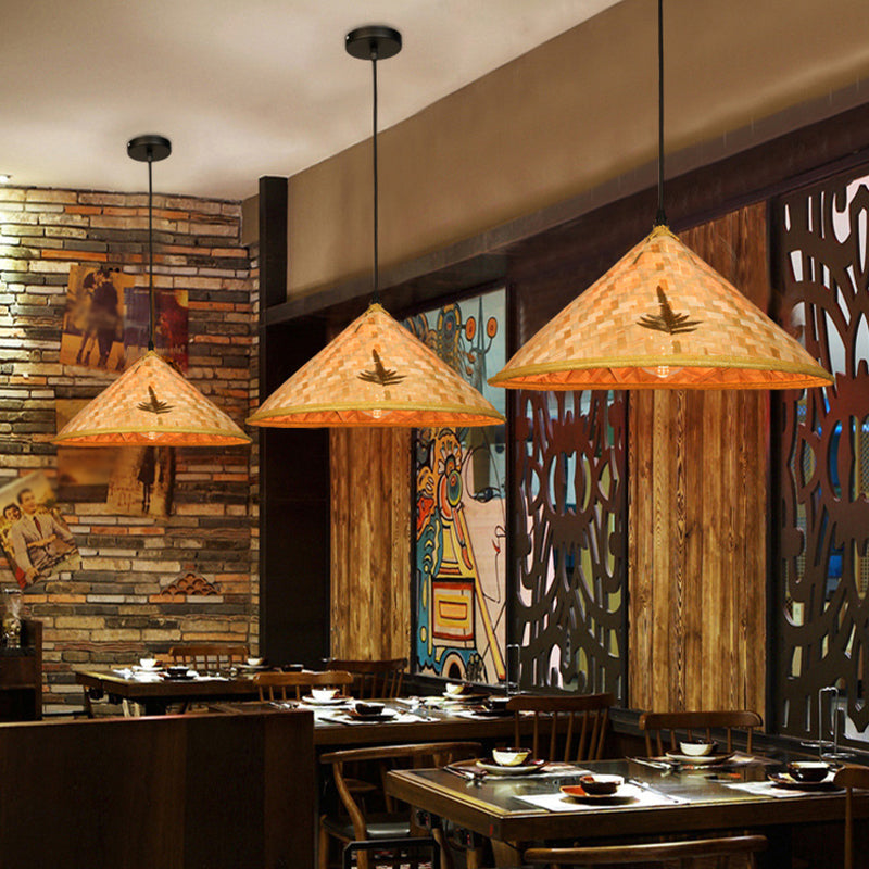 Farmers Hat Pendant: Asian Inspired Bamboo Woven Ceiling Lamp In Wood