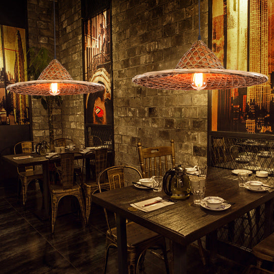 Farmers Hat Pendant: Asian Inspired Bamboo Woven Ceiling Lamp In Wood