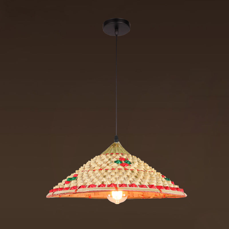 Farmers Hat Pendant: Asian Inspired Bamboo Woven Ceiling Lamp In Wood / D