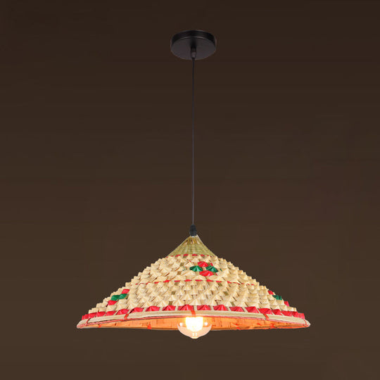 Farmers Hat Pendant: Asian Inspired Bamboo Woven Ceiling Lamp In Wood / D