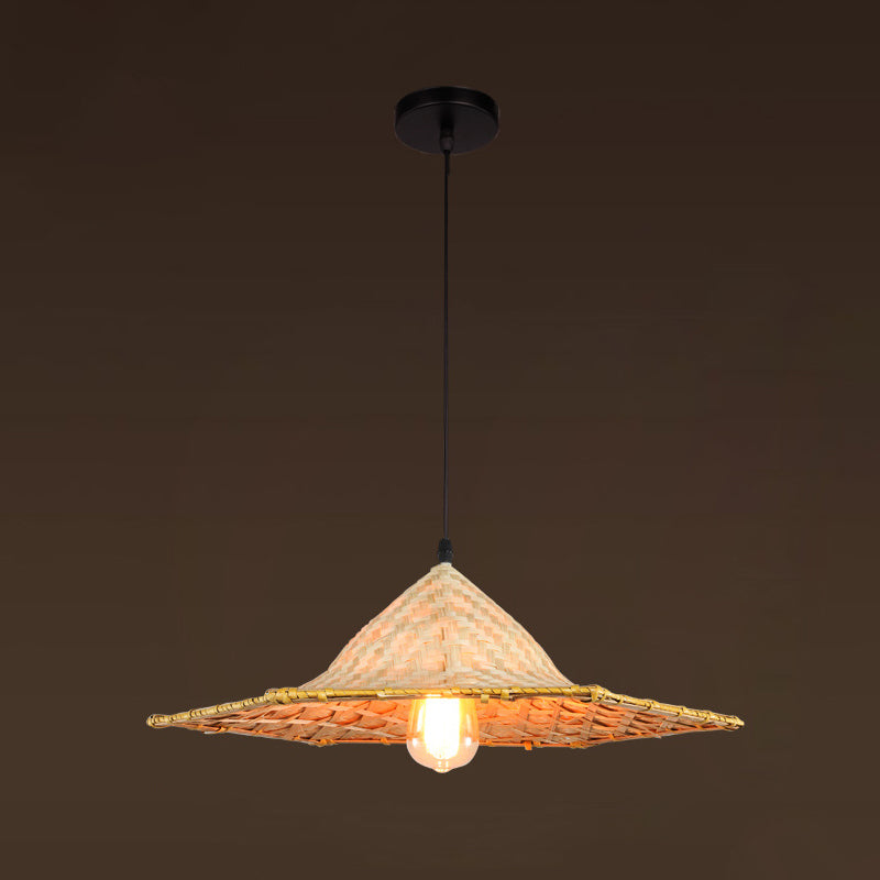 Farmers Hat Pendant: Asian Inspired Bamboo Woven Ceiling Lamp In Wood / E