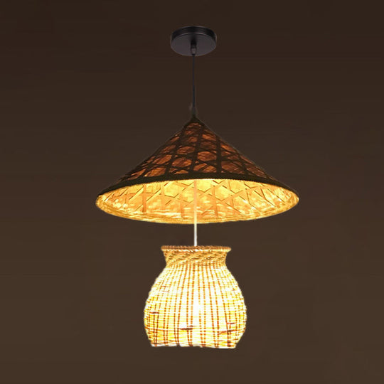 Farmers Hat Pendant: Asian Inspired Bamboo Woven Ceiling Lamp In Wood / G