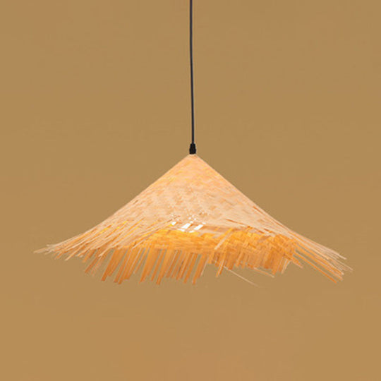 Farmers Hat Pendant: Asian Inspired Bamboo Woven Ceiling Lamp In Wood / H