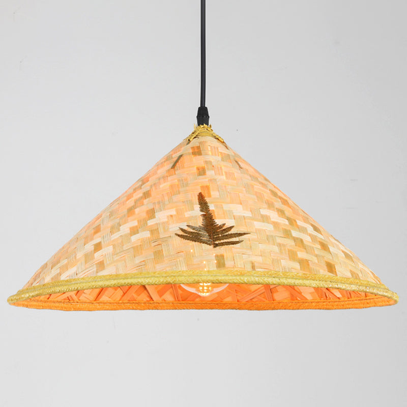 Farmers Hat Pendant: Asian Inspired Bamboo Woven Ceiling Lamp In Wood