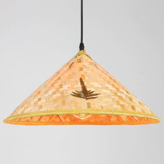 Farmers Hat Pendant: Asian Inspired Bamboo Woven Ceiling Lamp In Wood