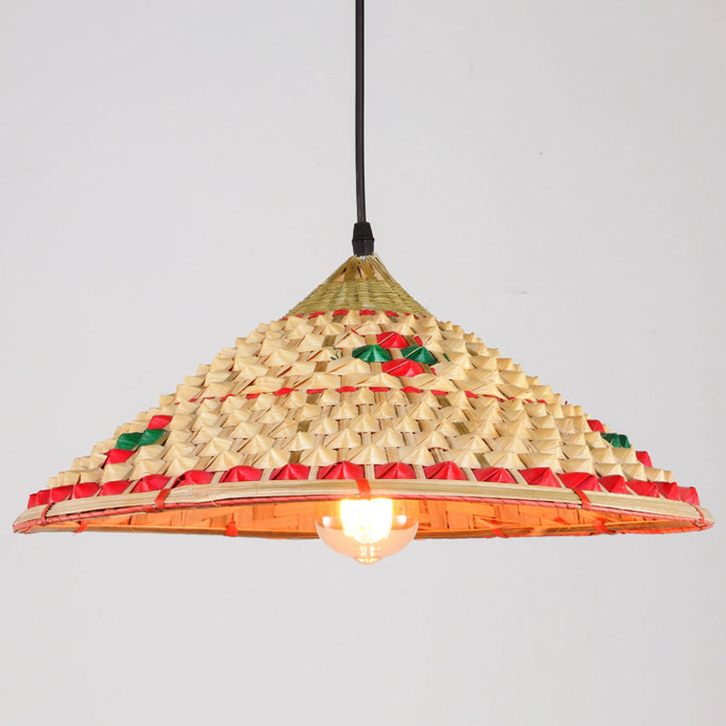 Farmers Hat Pendant: Asian Inspired Bamboo Woven Ceiling Lamp In Wood