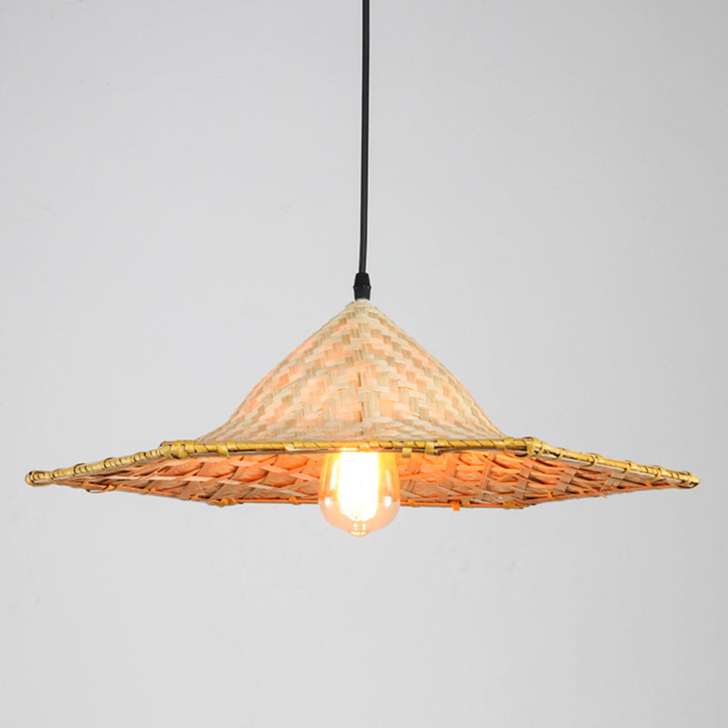 Farmers Hat Pendant: Asian Inspired Bamboo Woven Ceiling Lamp In Wood