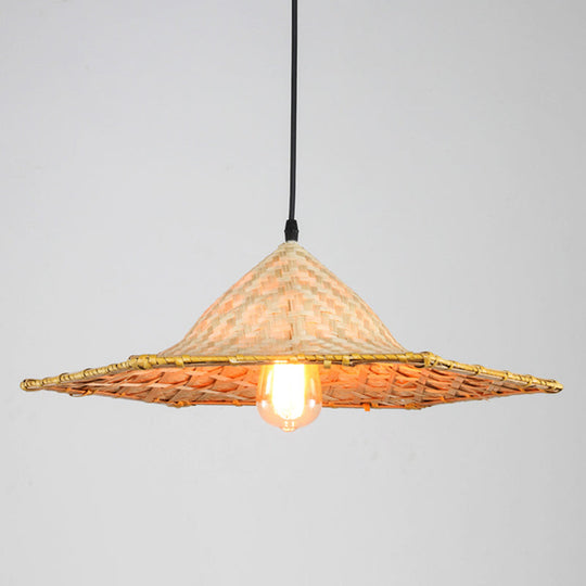 Farmers Hat Pendant: Asian Inspired Bamboo Woven Ceiling Lamp In Wood