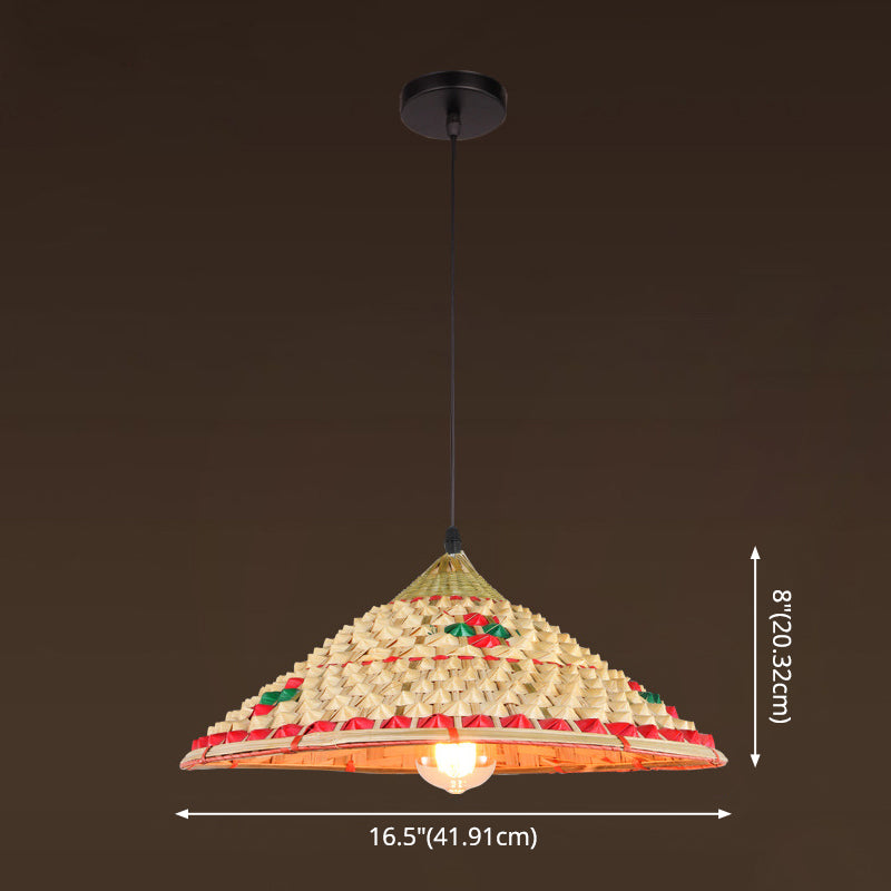 Farmers Hat Pendant: Asian Inspired Bamboo Woven Ceiling Lamp In Wood