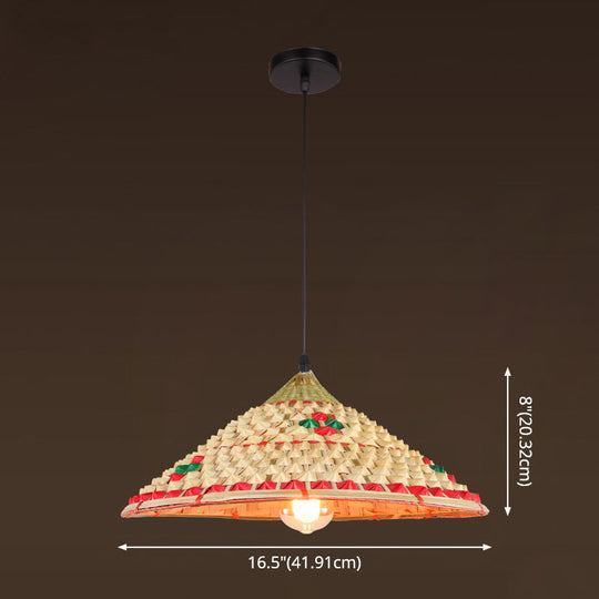 Farmers Hat Pendant: Asian Inspired Bamboo Woven Ceiling Lamp In Wood