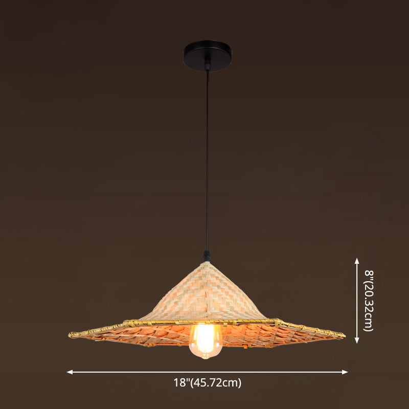 Farmers Hat Pendant: Asian Inspired Bamboo Woven Ceiling Lamp In Wood