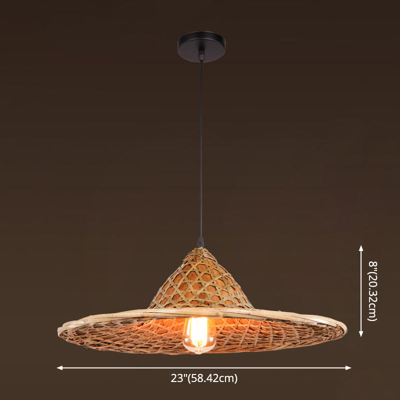 Farmers Hat Pendant: Asian Inspired Bamboo Woven Ceiling Lamp In Wood